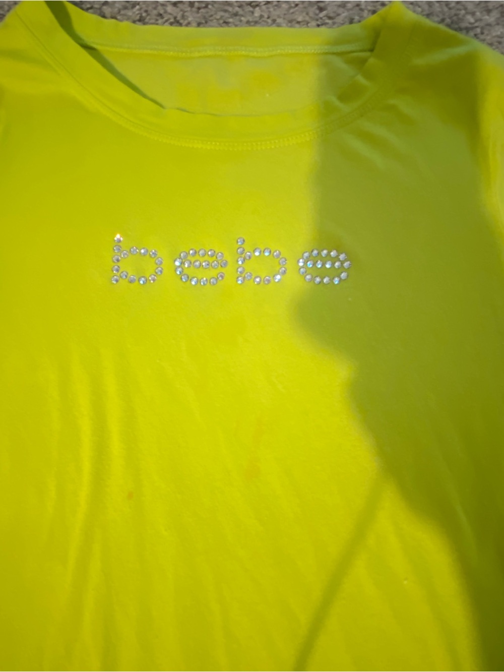 bebe Neon Yellow Rhinestone Logo Tee